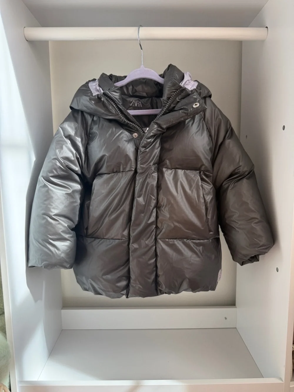 Zara Kids Shiny Charcoal Puffer Jacket with Hood
